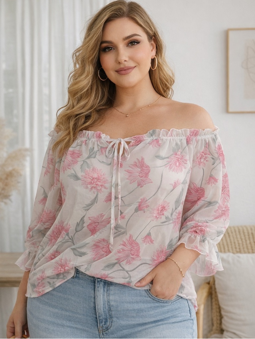 Shein Curve Plus 1X Floral Sheer Off Shoulder Peasant Blouse Ruffle Sleeve Boho